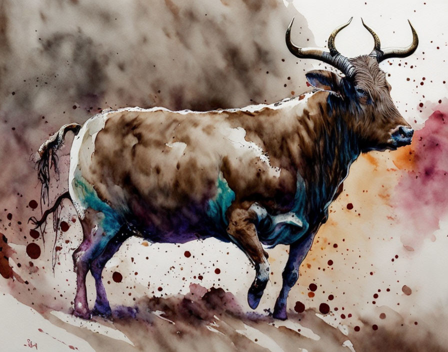 Bull Watercolor Painting with Brown and Purple Background