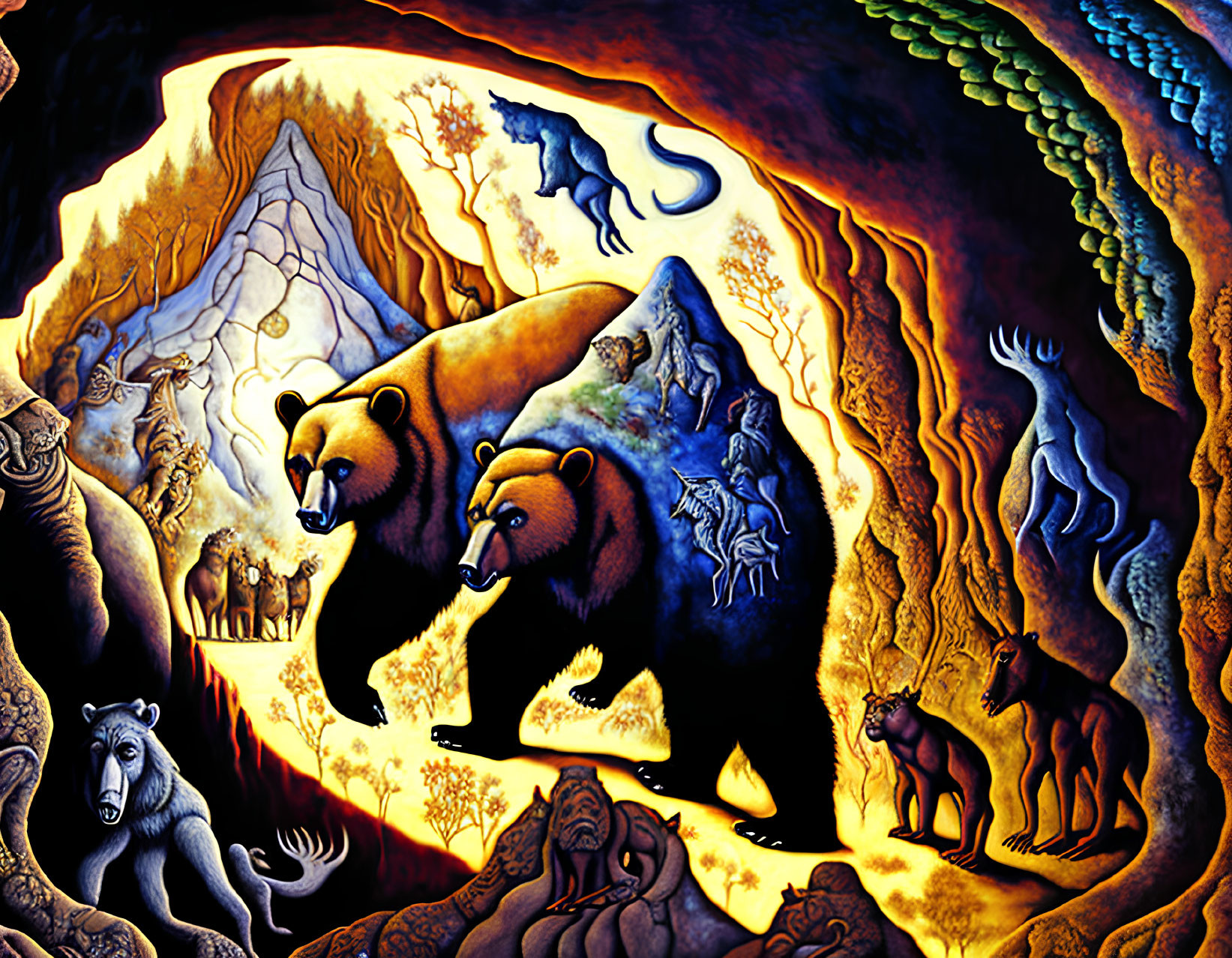 Surreal painting of bears and woodland creatures with fiery backdrop