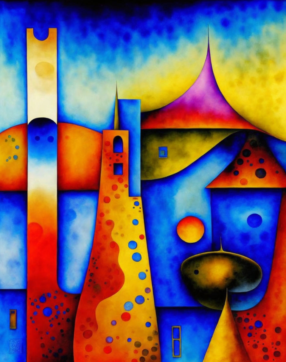 Vibrant abstract artwork of architectural forms in blue, orange, and yellow