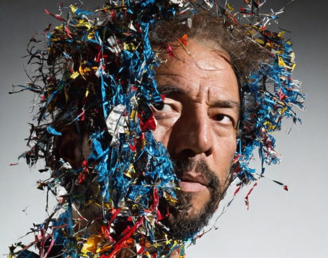 Man's Face Partially Obscured by Colorful Confetti Strands