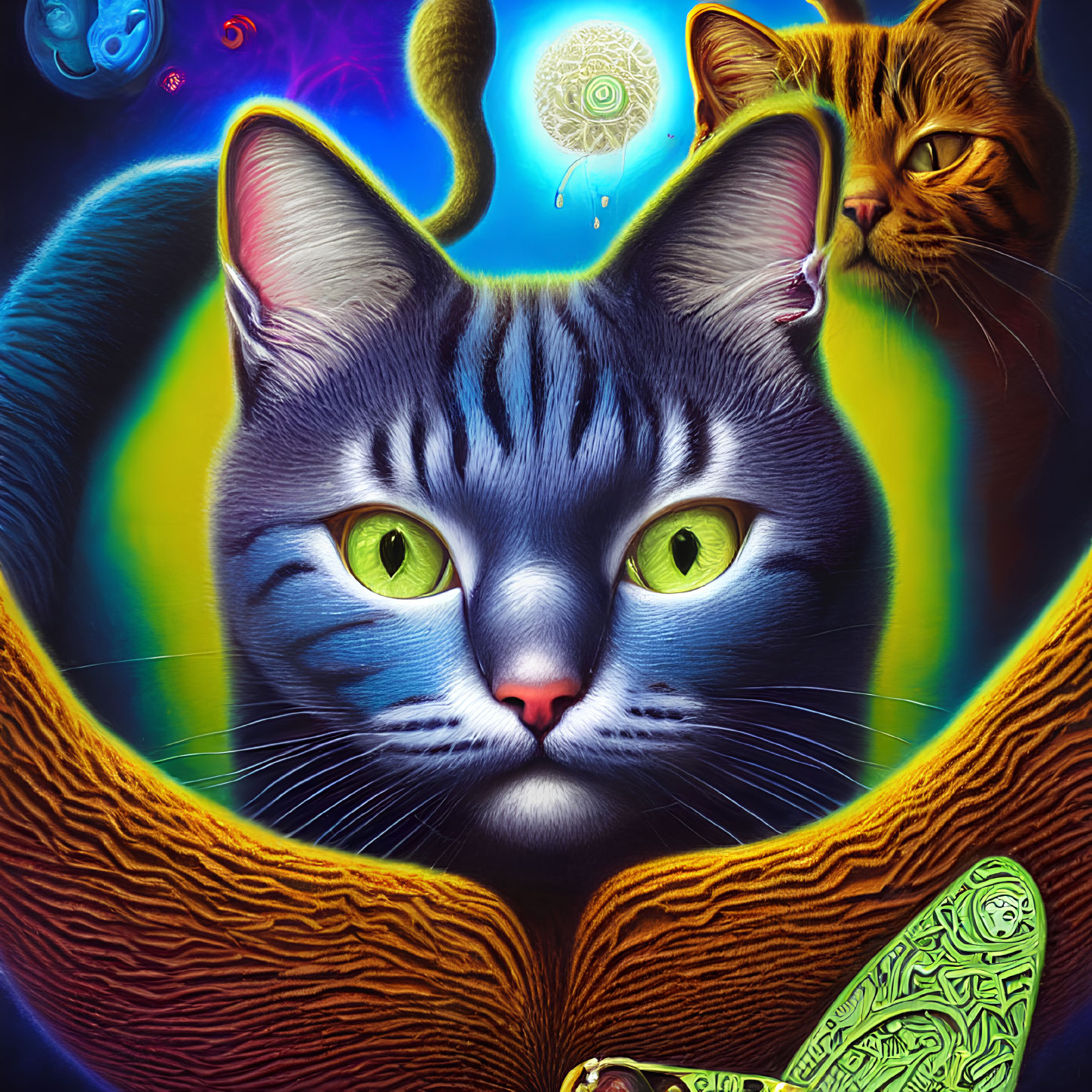 Colorful Psychedelic Cat Illustration with Green Eyes and Cosmic Background