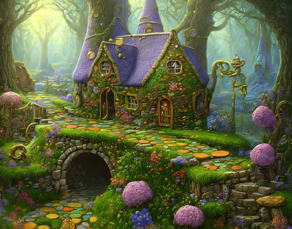 Whimsical cottage with purple roof in enchanted forest