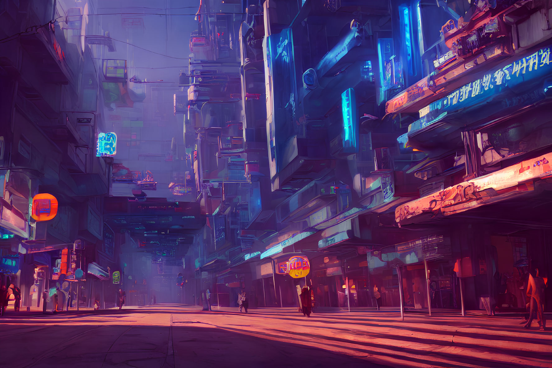 Colorful cyberpunk cityscape with neon signs, towering buildings, and pedestrians in a hazy purple