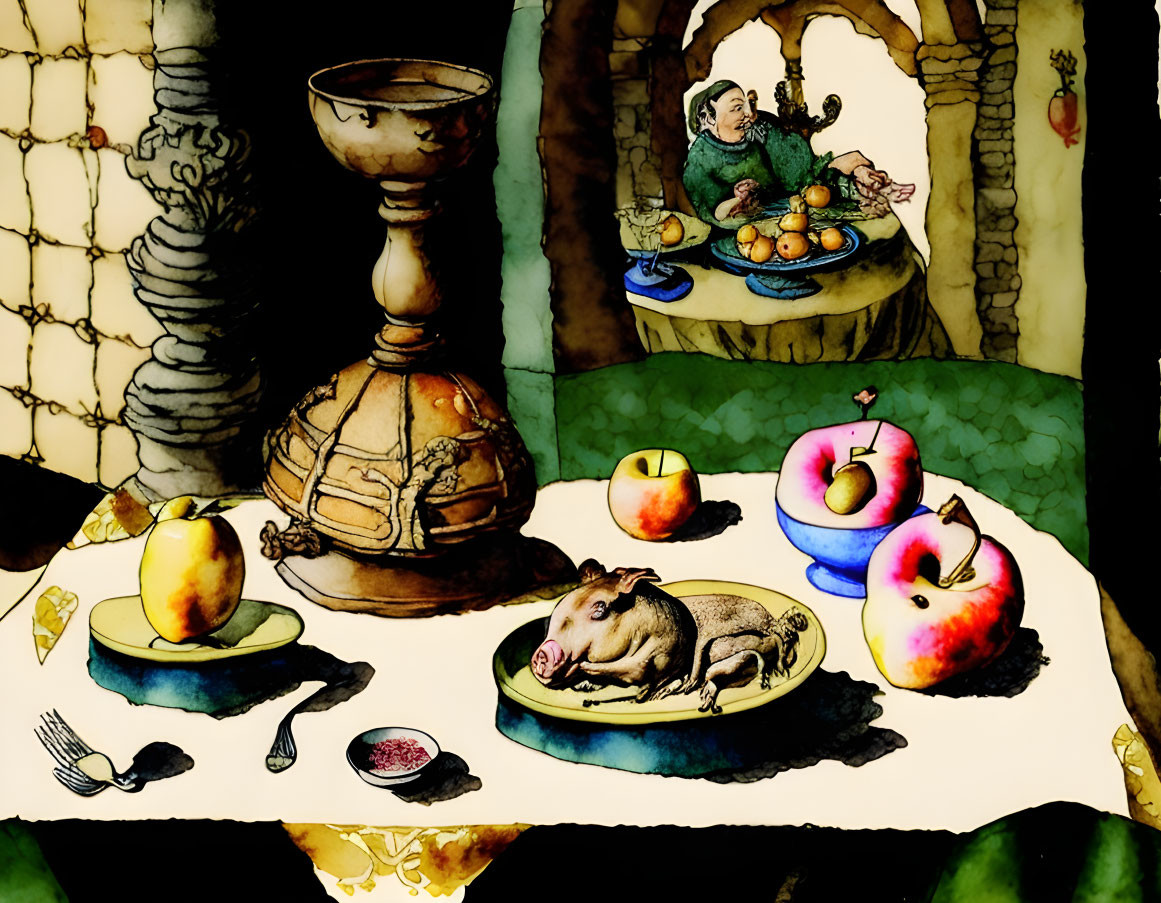 Medieval feast illustration with roasted pig, fruits, goblets, and character holding a fruit platter