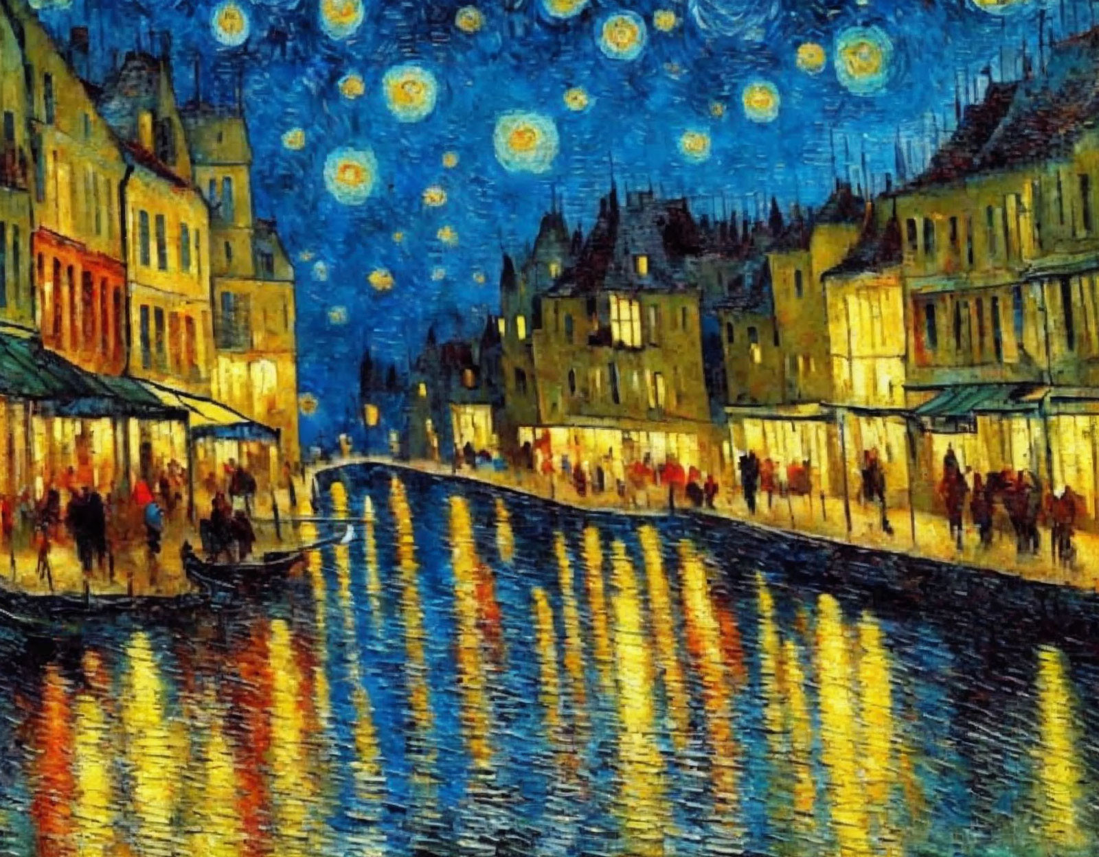 Vibrant painting of starry night over town with swirling skies and illuminated buildings