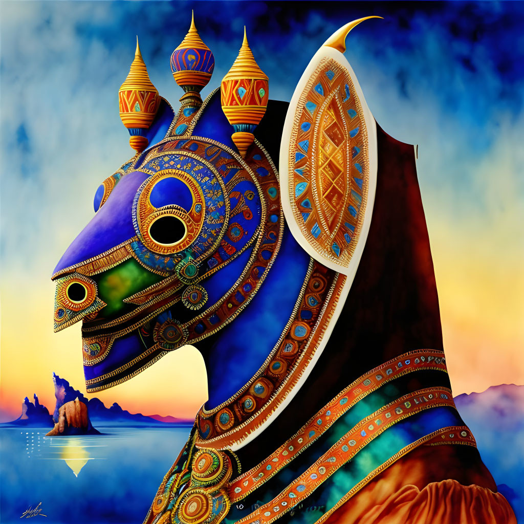 Colorful Surrealist Painting of Fantastical Creature and Ornate Patterns in Dreamy Sky and Seas