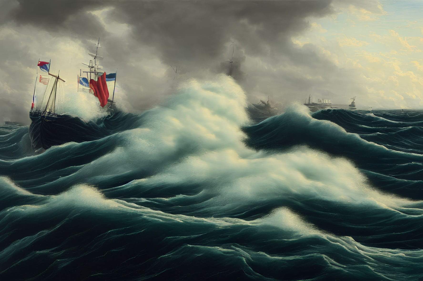 Tall ships battling stormy sea waves in nautical scene