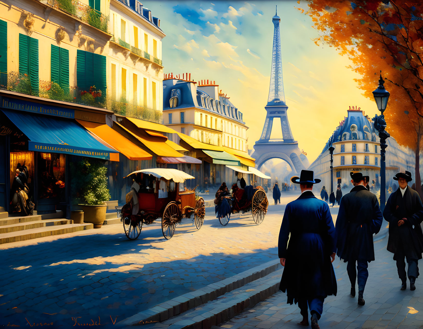 Historic Paris street scene with Eiffel Tower and horse-drawn carriages