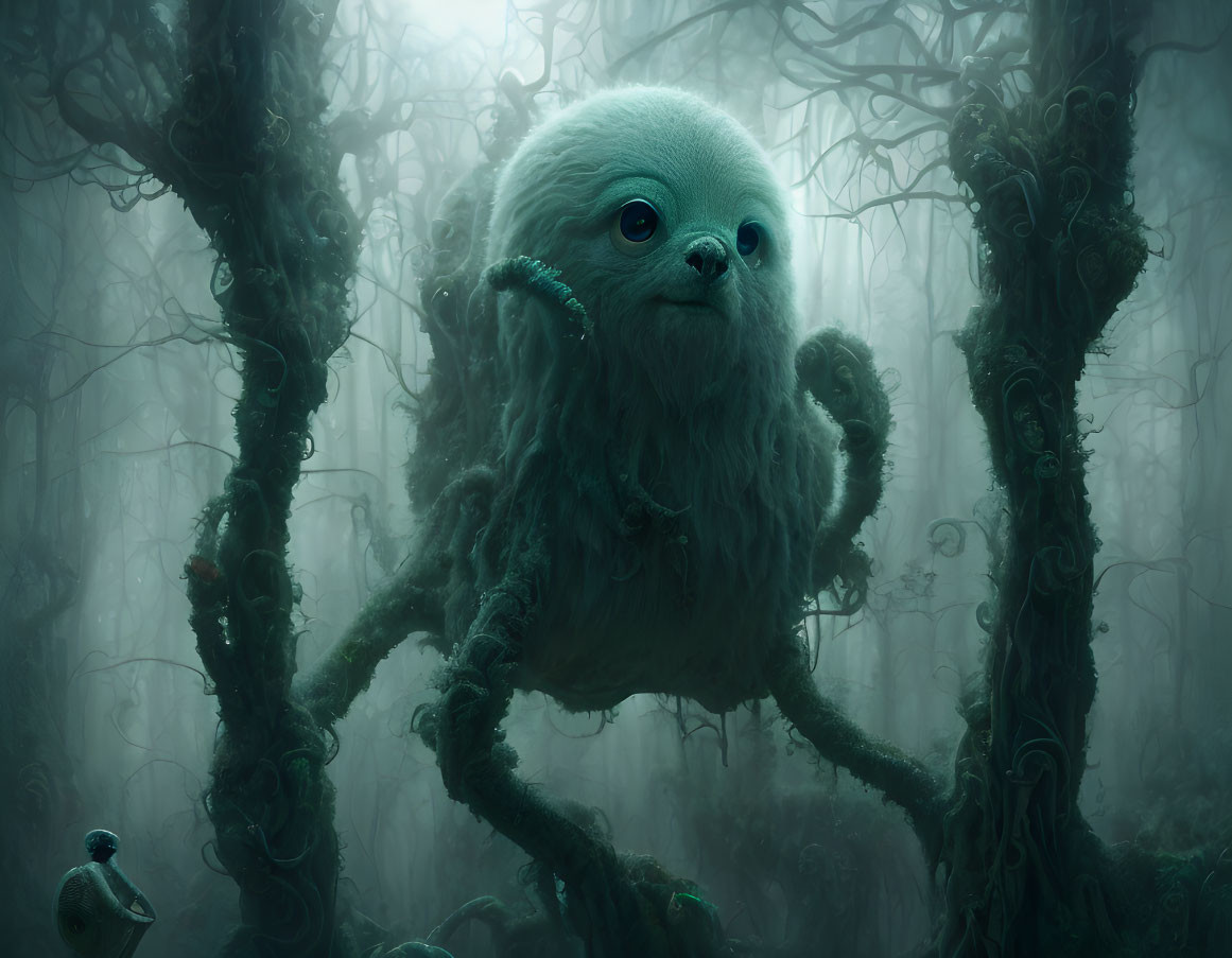 Fluffy creature in misty forest with twisted trees