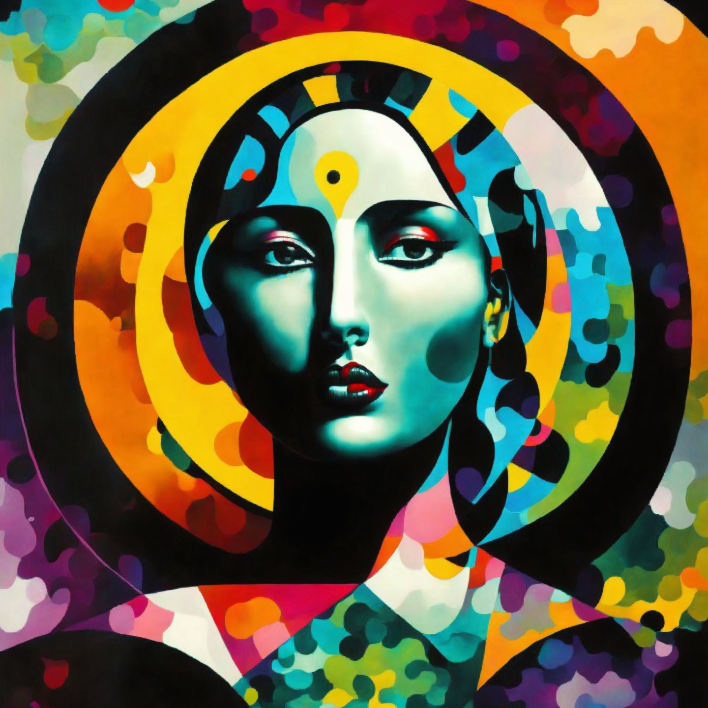 Colorful Abstract Portrait of Woman with Halo and Patterns