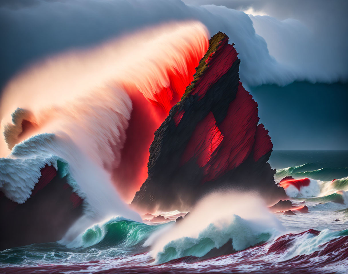 Vividly colored seascape with red rock formation and crashing waves