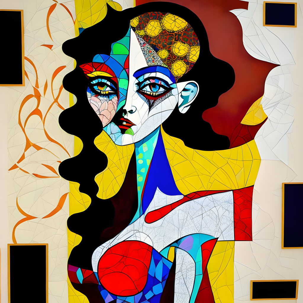 Colorful Cubist-Style Female Portrait with Geometric Shapes