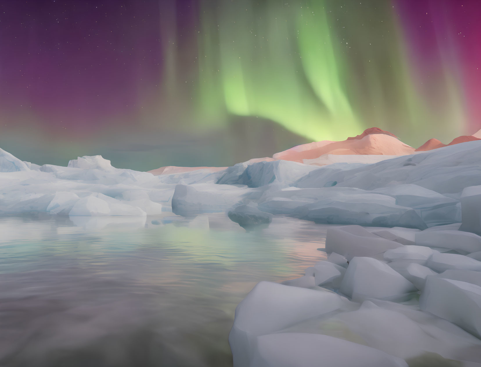 Arctic landscape with floating icebergs and aurora borealis at twilight