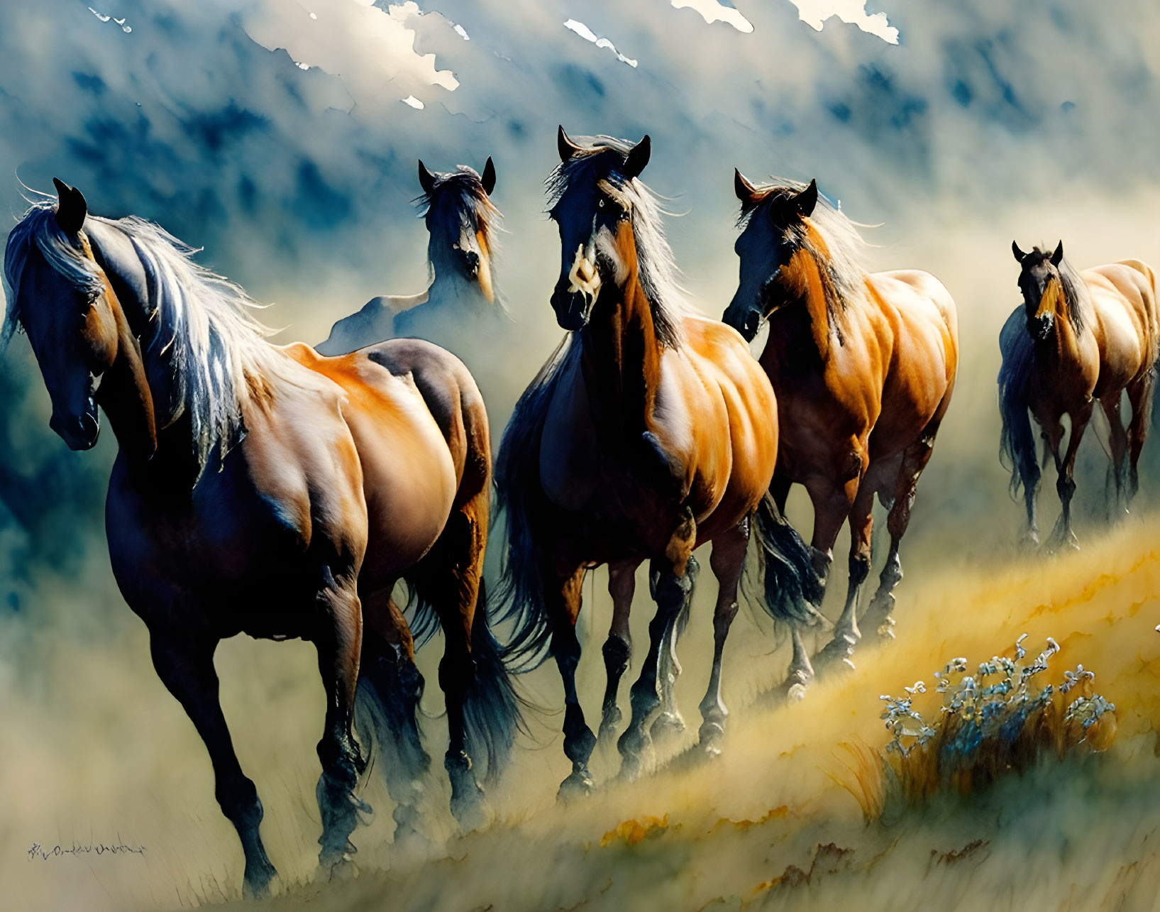 Vivid painting: wild horses galloping in sunlit field