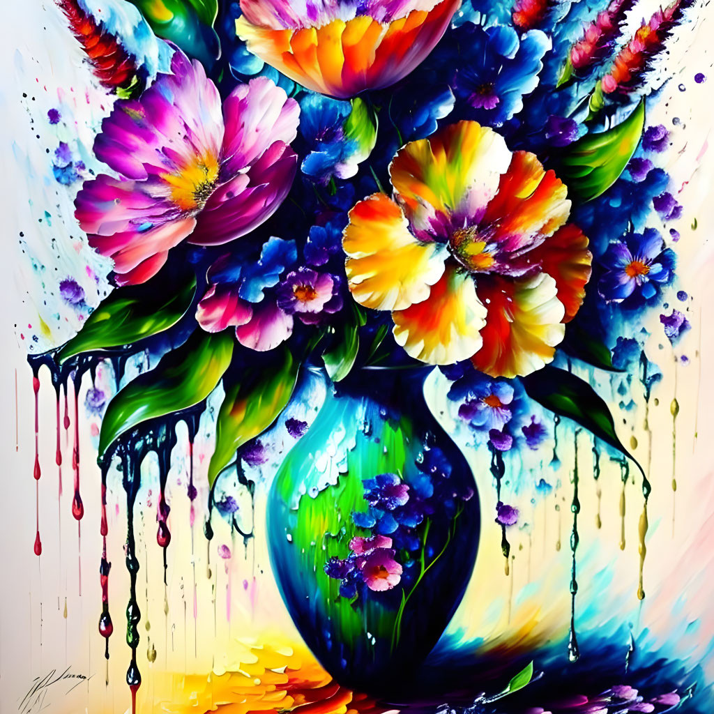 Colorful Blooming Flowers Painting with Dripping Vase