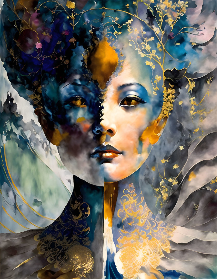 Abstract portrait merging human face with floral and celestial elements in blue, gold, and white.