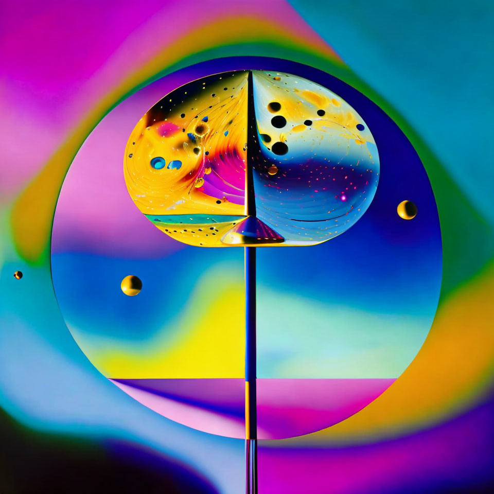 Colorful abstract glass sphere on metal rod with swirls and bubbles.