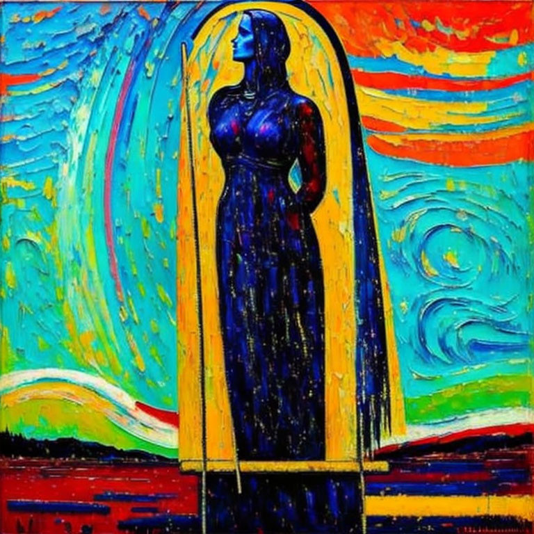 Vibrant abstract painting: silhouetted female figure in bold blue, yellow, and red