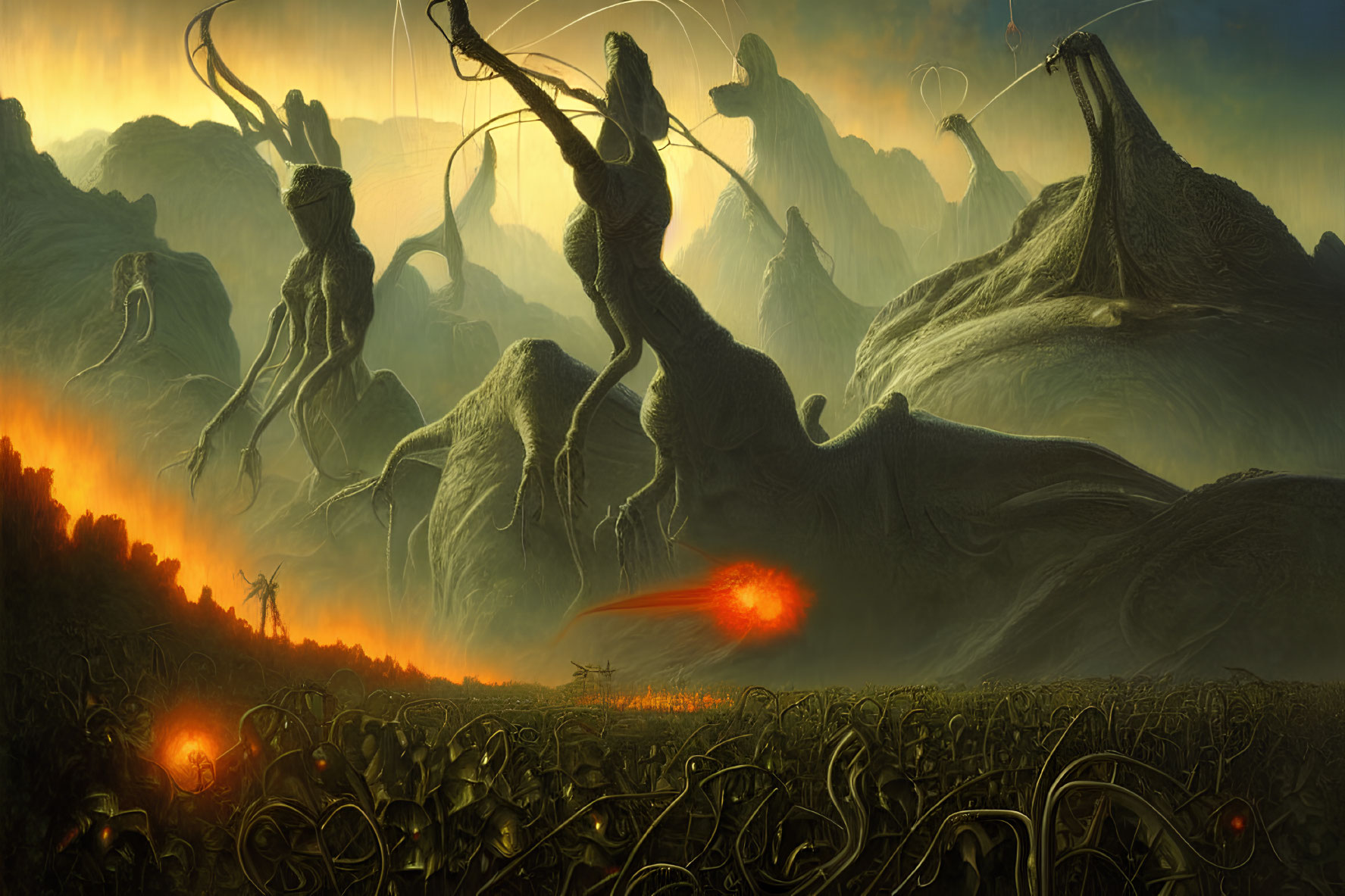 Fantastical landscape with giant archer statues in fiery battle