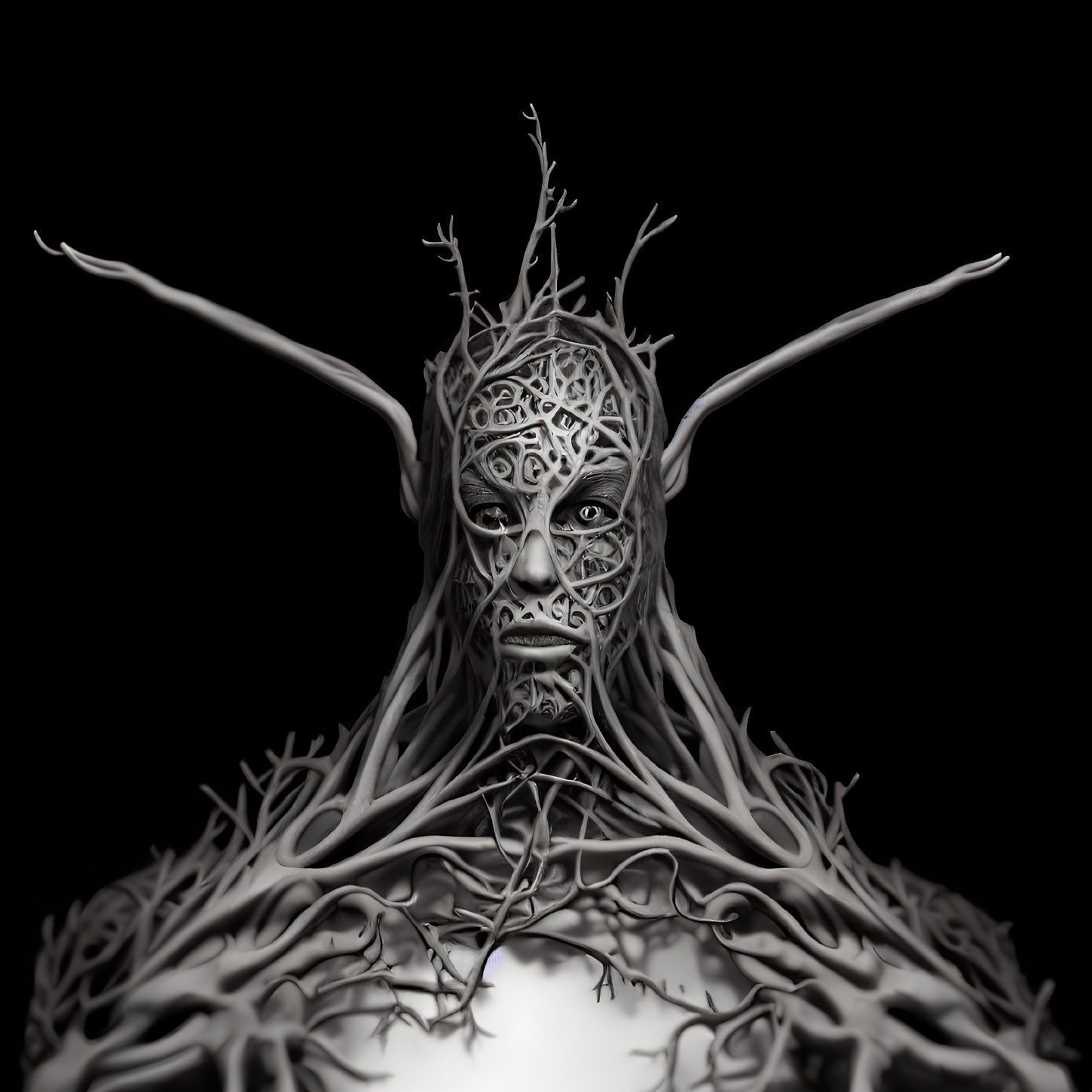 Creature with Tree Branch-Like Horns and Root Covering on Black Background