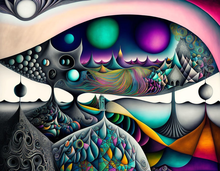 Colorful surreal landscape with abstract shapes and floating orbs