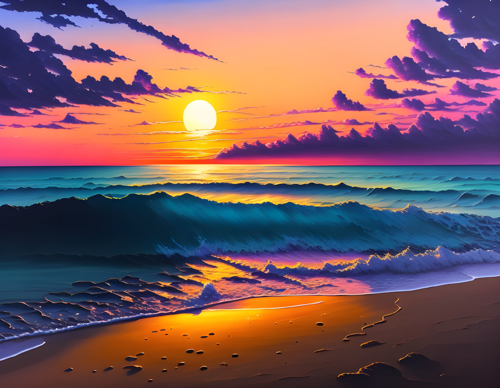 Scenic beach sunset with large sun, colorful sky, layered waves, and shoreline reflections