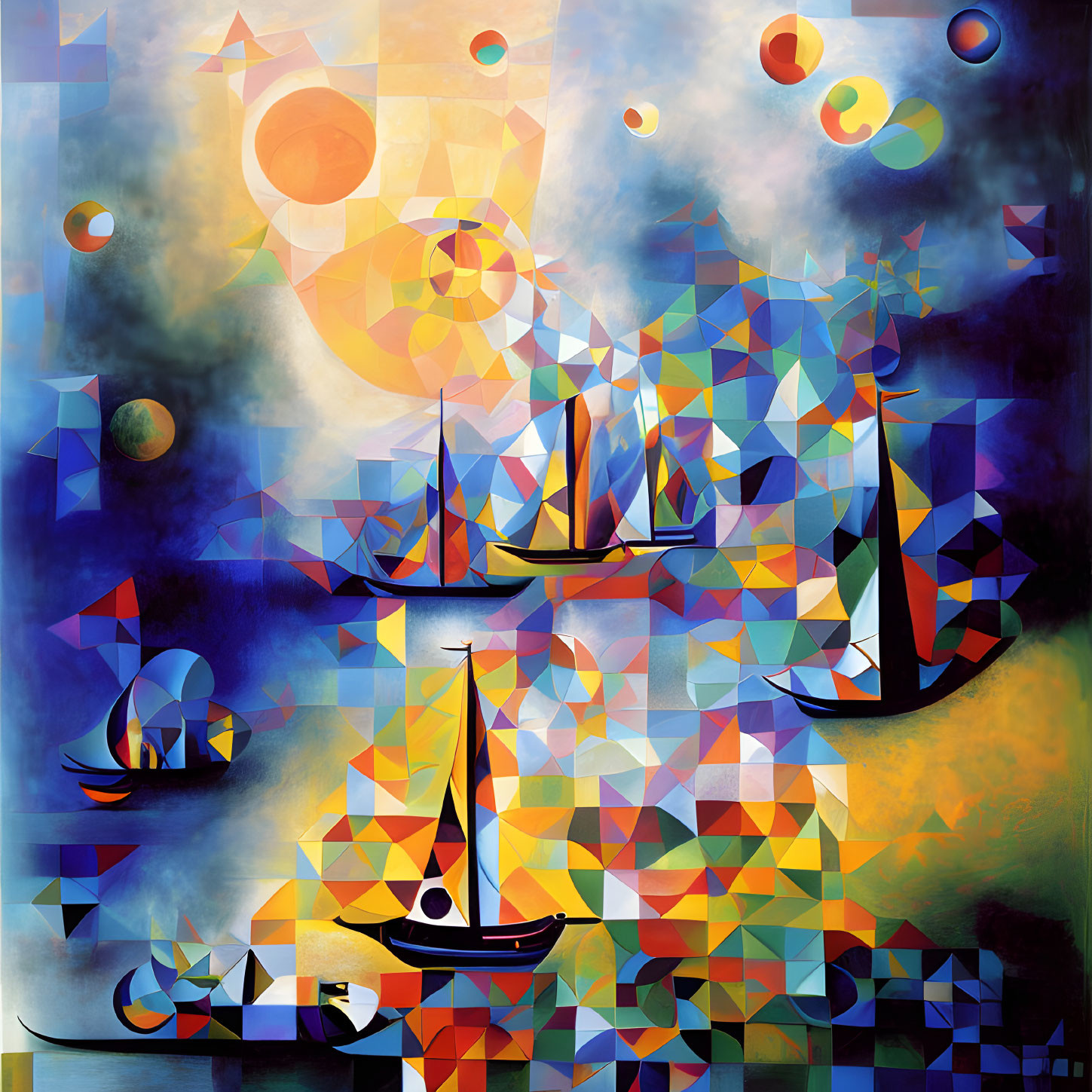 Vivid Abstract Geometric Sailboat Painting with Celestial Elements