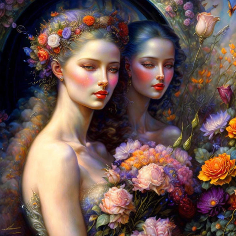 Women with flower-adorned hair in colorful floral backdrop and soft lighting