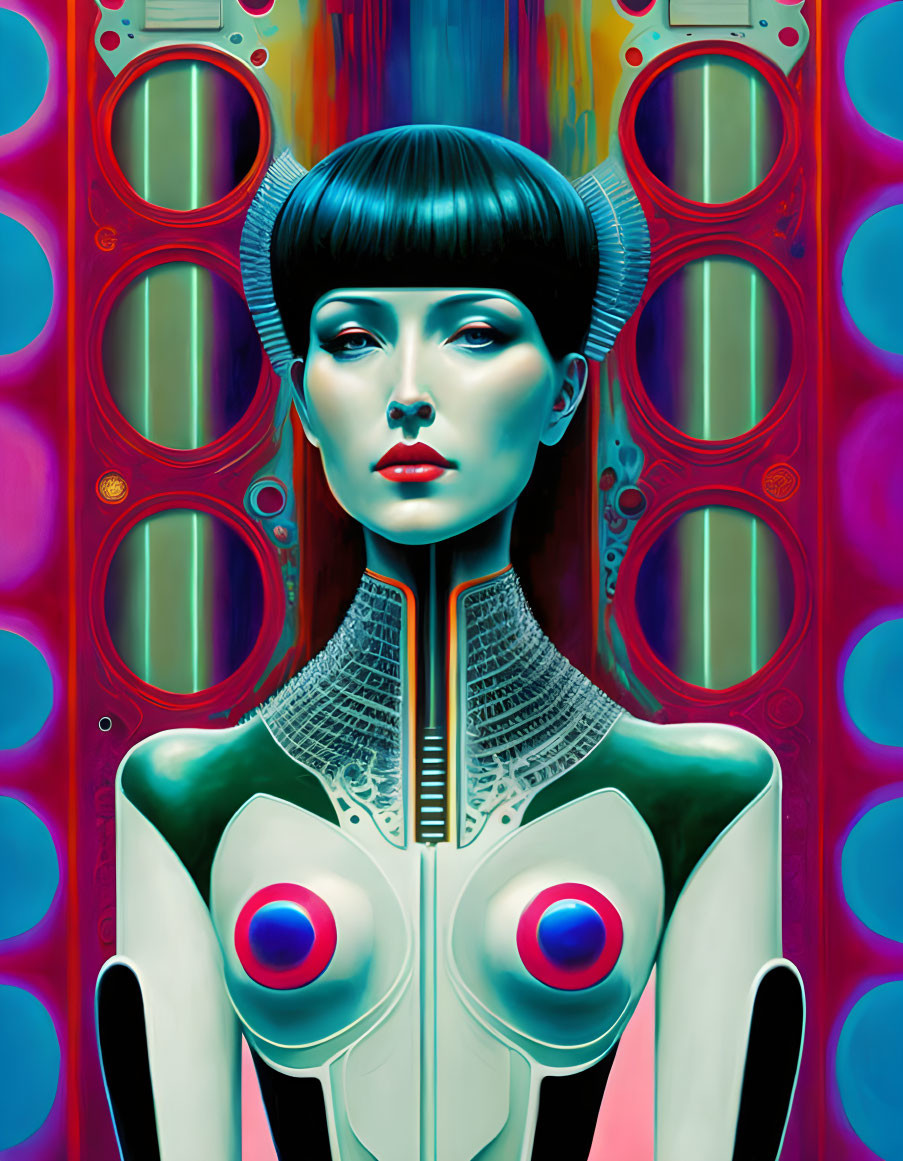 Futuristic digital art: vibrant woman with sleek hair & metallic attire