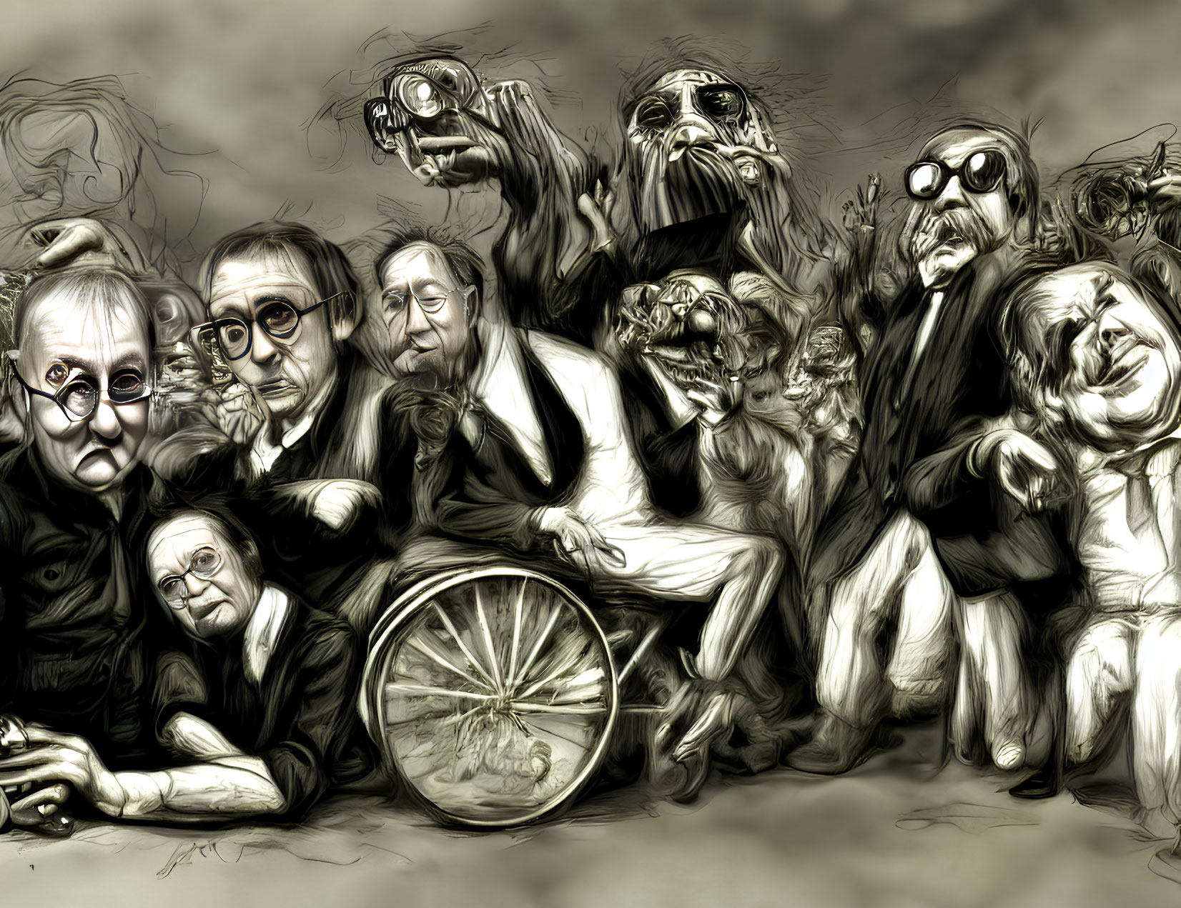 Caricatured Figures in Suits and Glasses Posing Dramatically