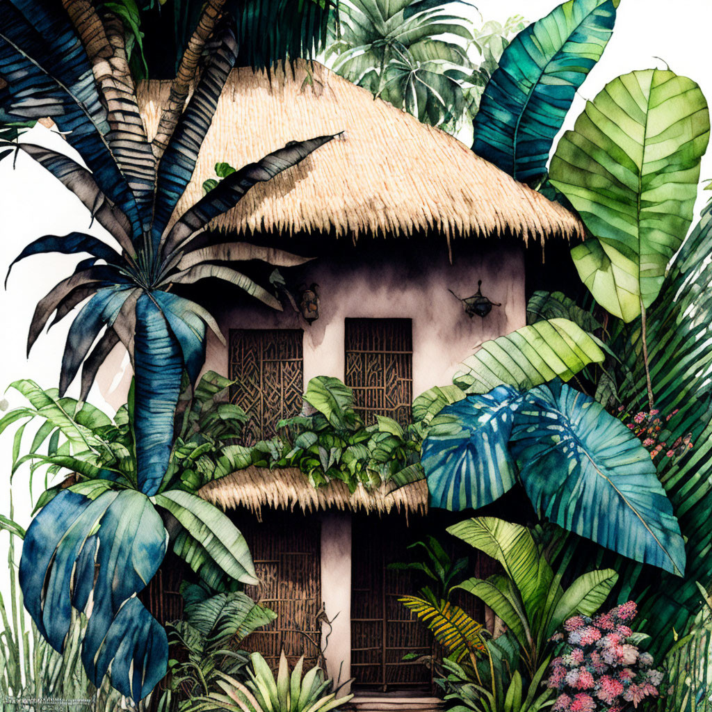 Thatched-roof hut in lush tropical foliage