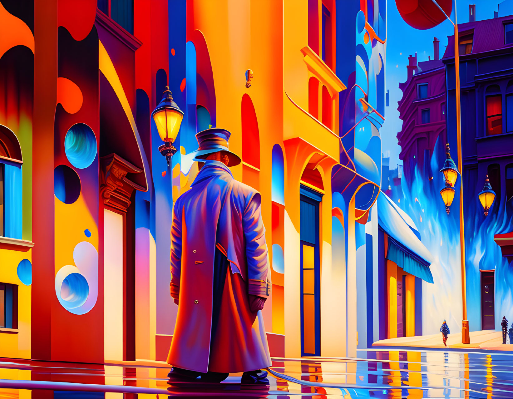 Illustration: Person in Trench Coat on Colorful Street