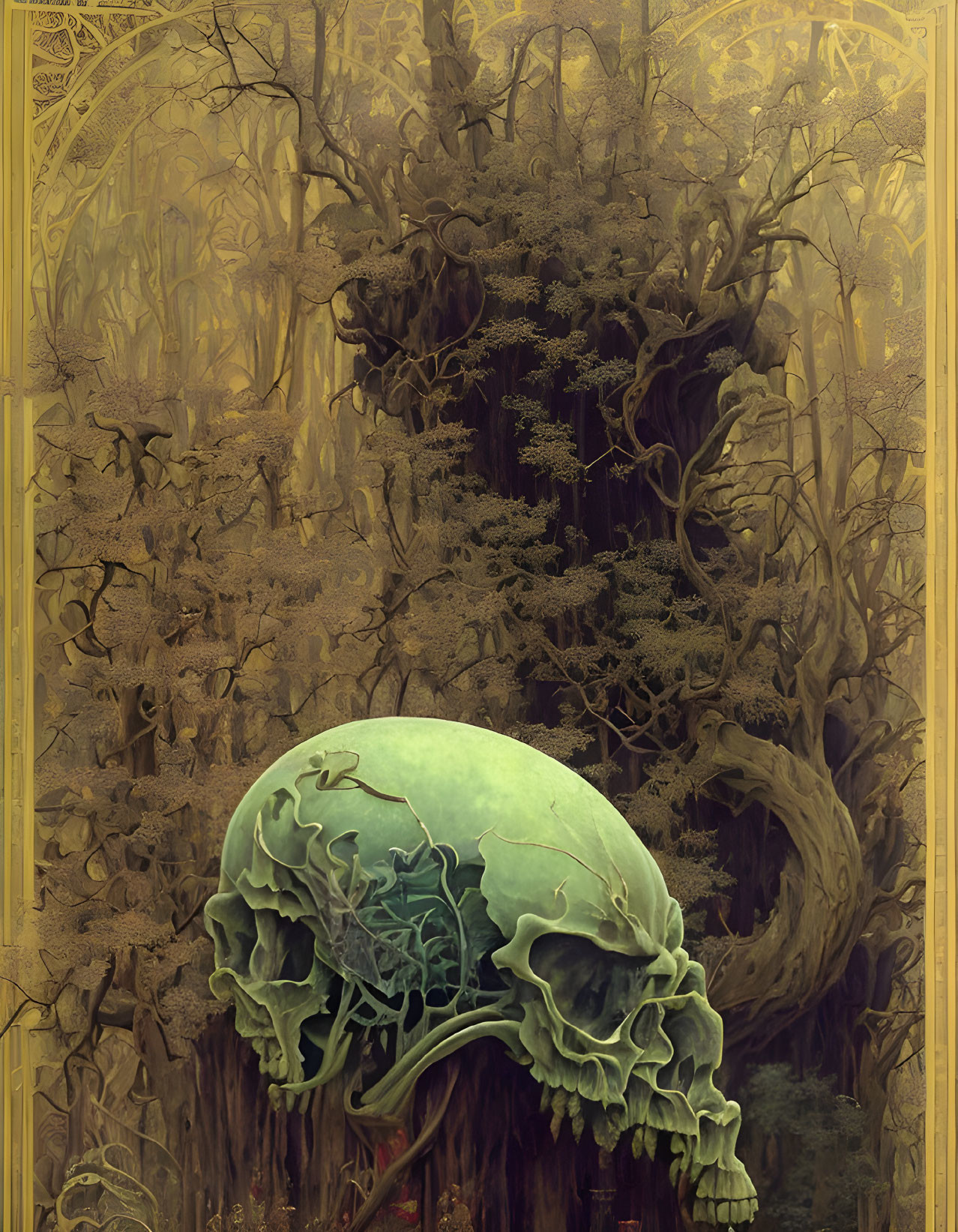 Detailed surreal forest painting with green skull and golden borders