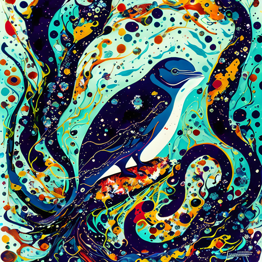 Colorful Abstract Penguin Art with Cosmic Patterns