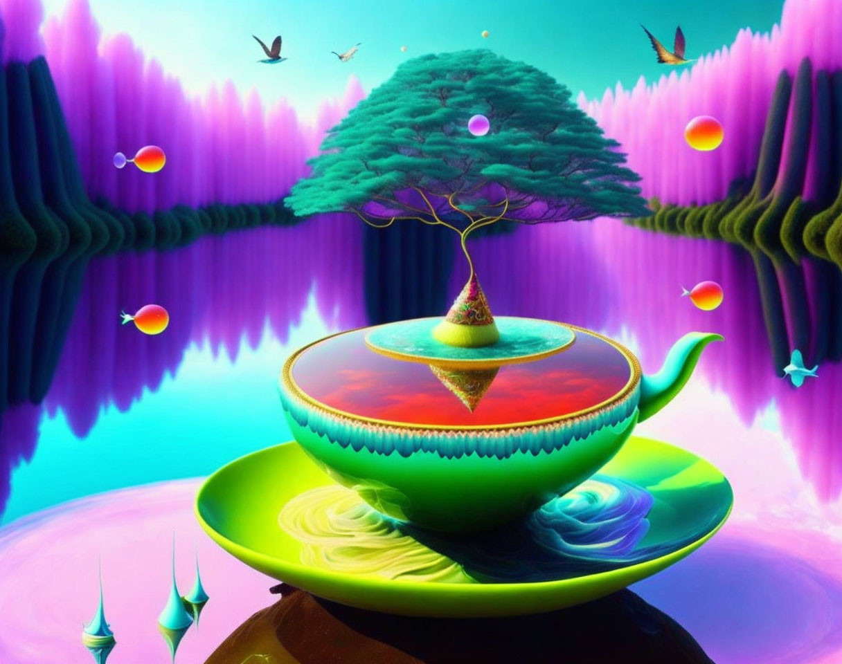Colorful Landscape with Teacup Island, Vibrant Tree, Birds, and Purple Sky