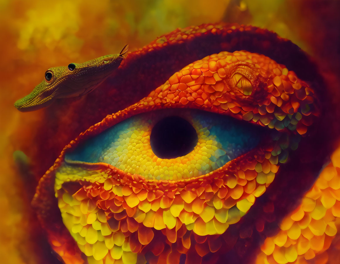 Colorful Chameleon Eye with Gecko Perched Close-Up