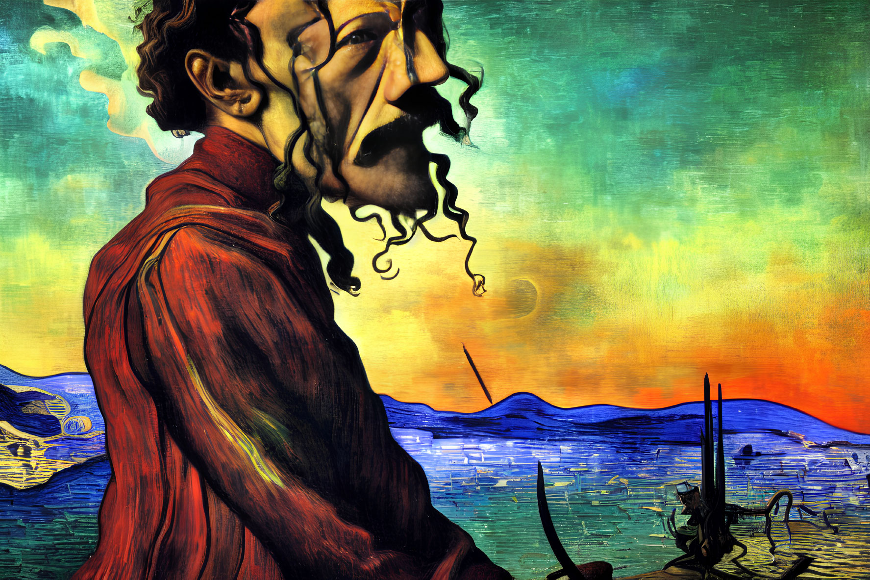 Surrealistic portrait blending bearded man's profile with seascape