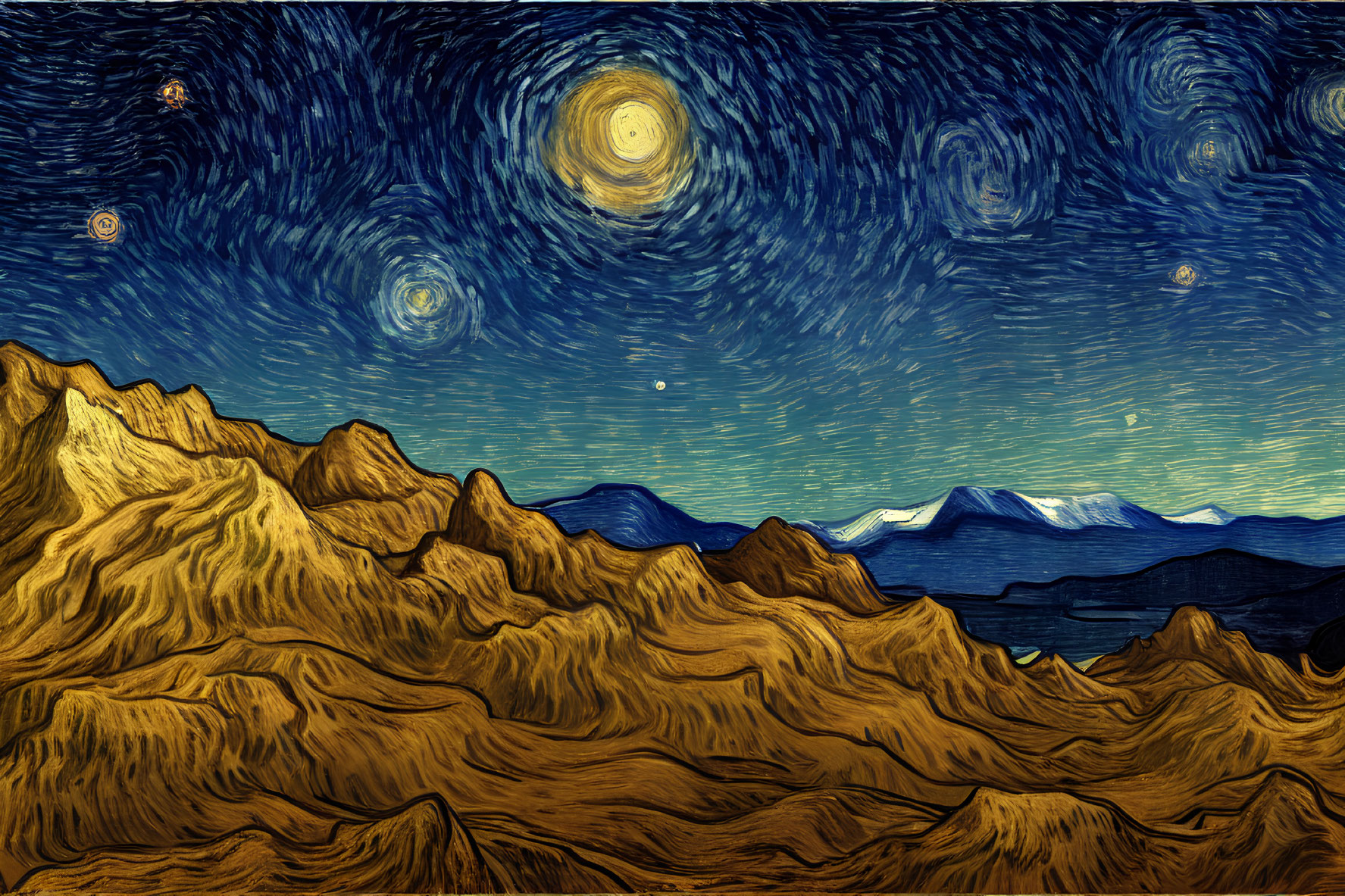 Starry Night Sky with Swirling Stars and Clouds over Dark Hills