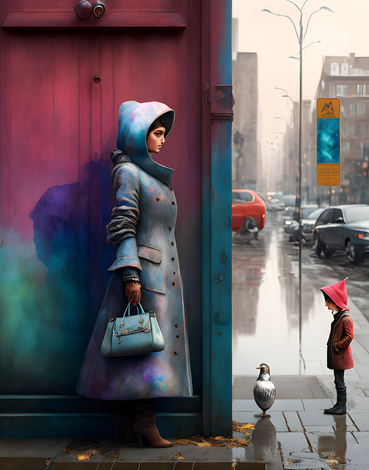 Vivid illustration: Woman in blue coat, child in red hood, seagull on wet street