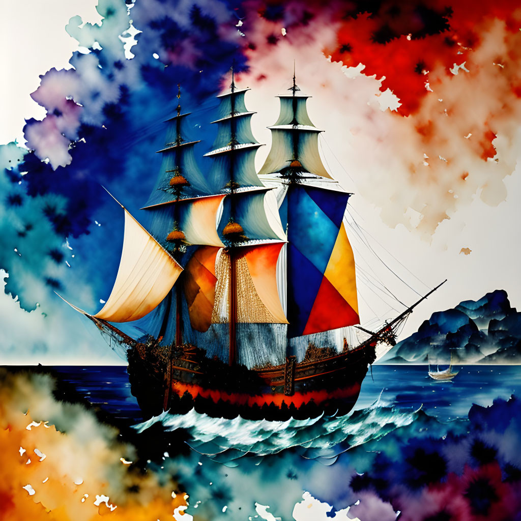 Colorful illustration of classic sailing ship on vibrant sea with abstract clouds.