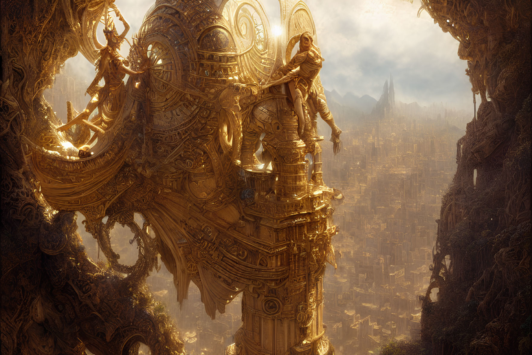 Cloaked figure on golden structure overlooking sunlit city