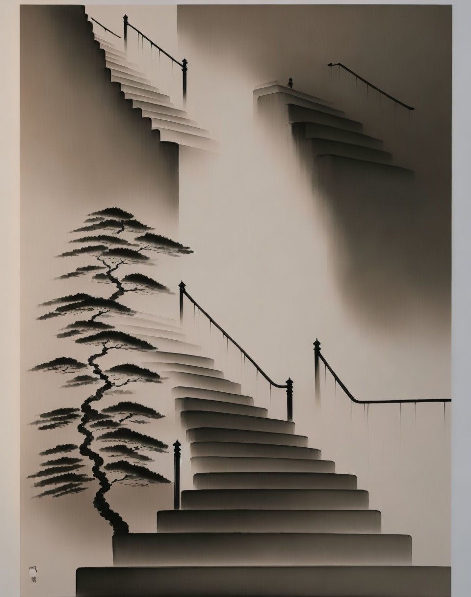 Surreal staircase with floating sections and shadowy tree-like forms