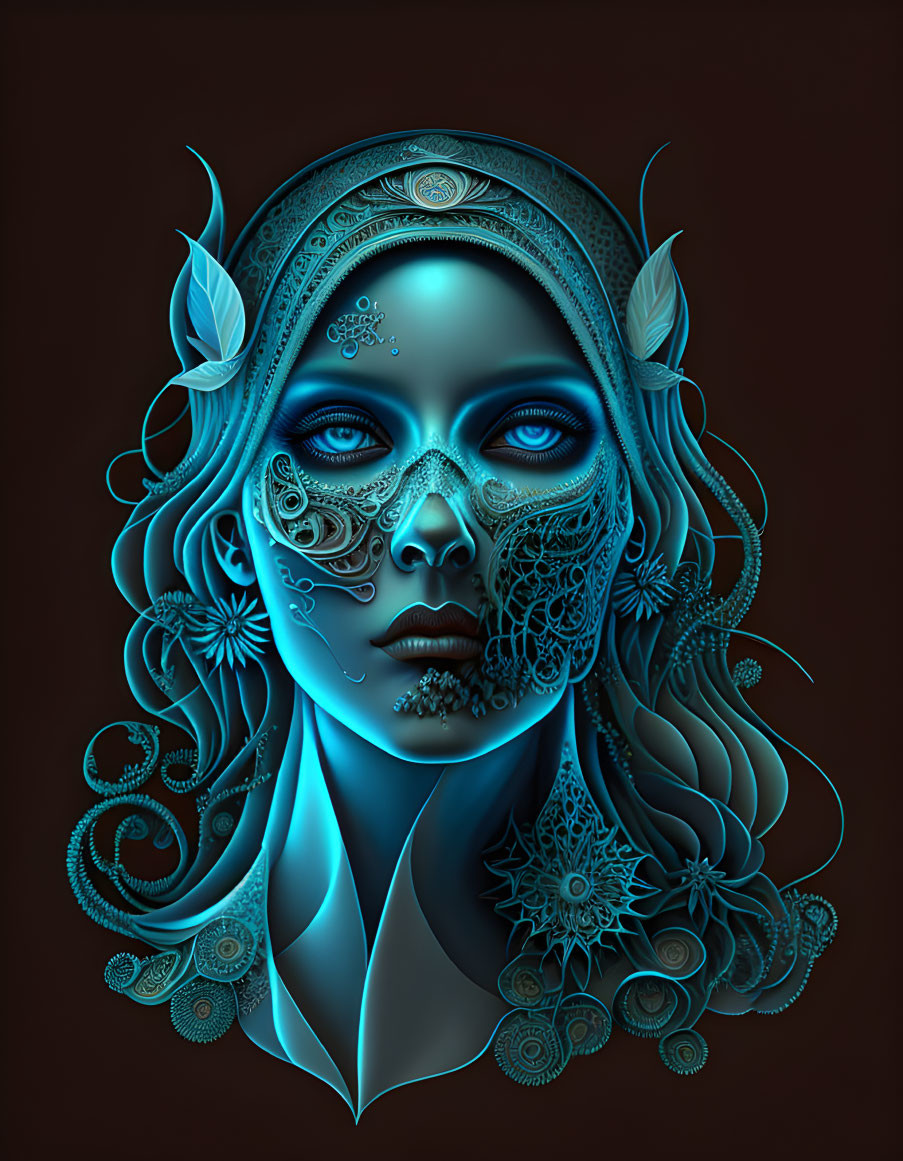 Detailed illustration: Blue-skinned woman with elvish ears and metallic face adornments on dark backdrop