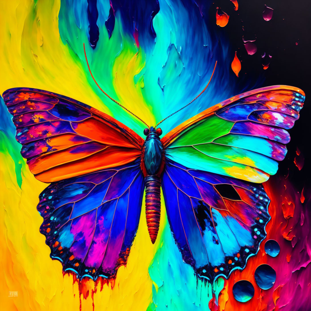 Colorful Butterfly with Outstretched Wings in Swirling Paint Background