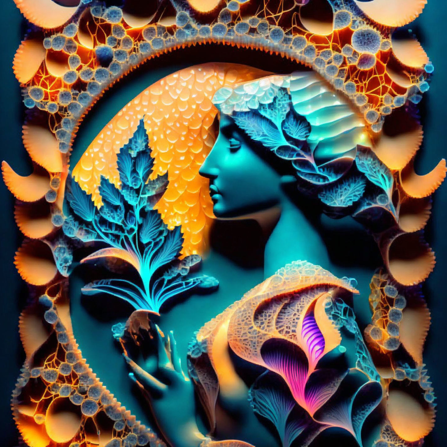 Colorful digital artwork: Woman's profile with nature motifs, orange and blue patterns