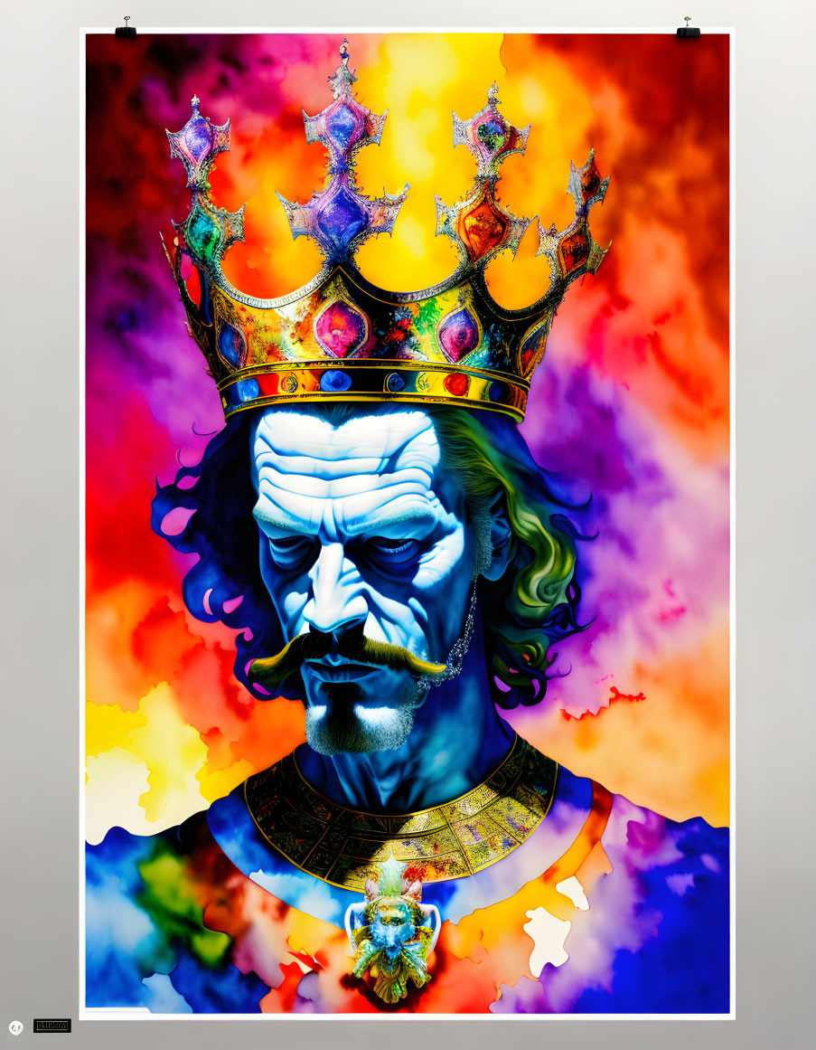 Colorful Stylized King with Crown on Psychedelic Background