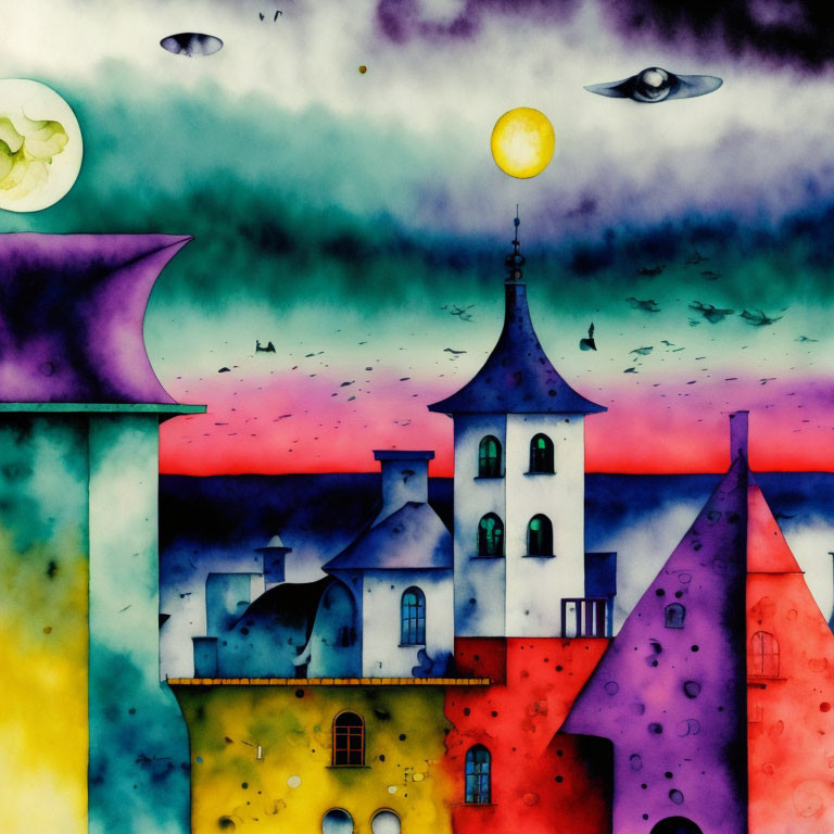 Vibrant watercolor painting of whimsical town with multiple moons and floating eyes