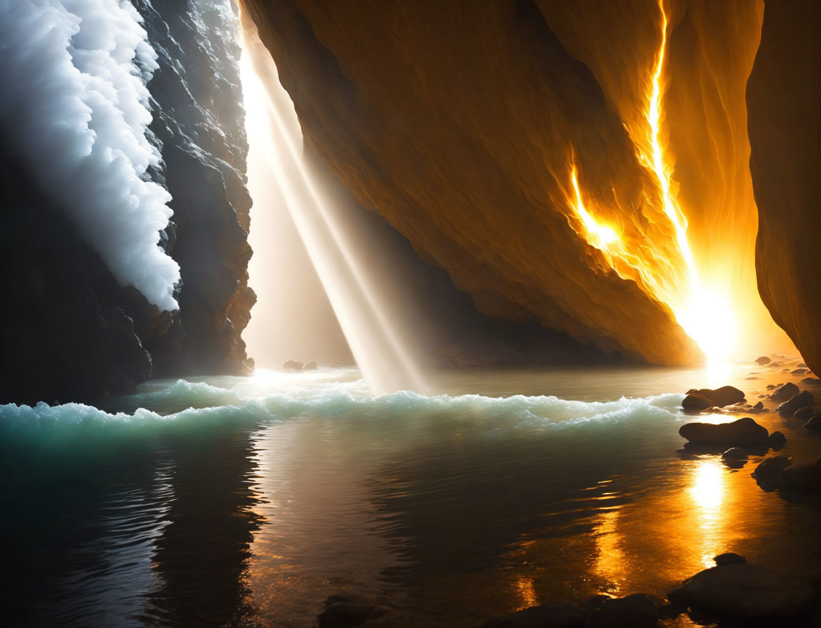 Tranquil cave with sunbeam, water, orange and blue walls