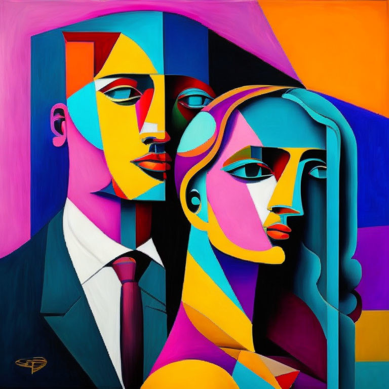 Vivid Abstract Cubist Painting with Interlocking Faces in Pink, Yellow, and Blue