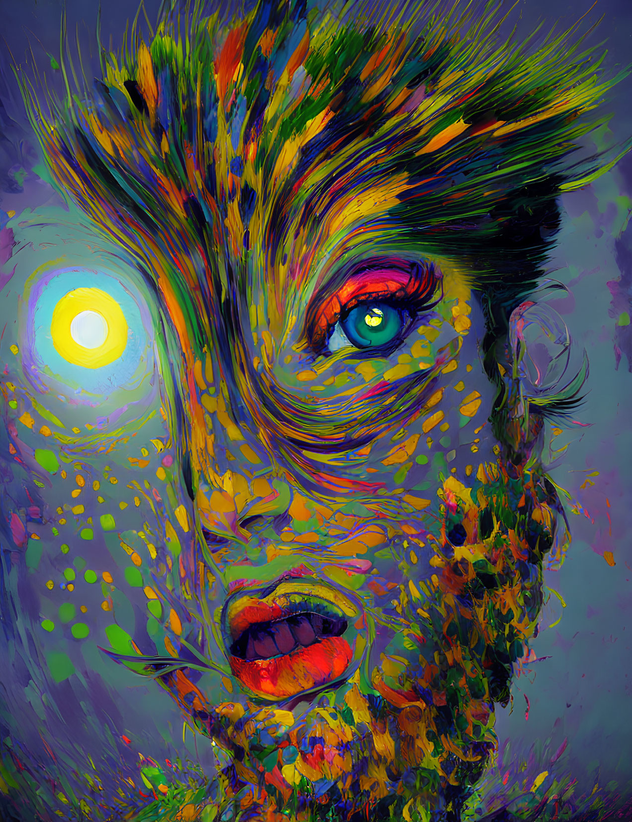 Colorful Abstract Portrait with Bright Circular Eye Substitution